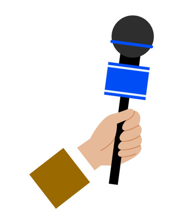 Hand holding a microphone vector illustration. Correspondent interviews with special equipment. Man holds a device for recording a human voice. Journalist hold microphone isolated on white backgroundのイラスト素材