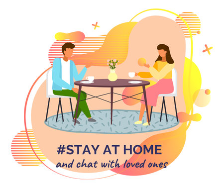 Stay at home and chat with loved ones. Communication, relationship. Quarantine self-isolation at home. Prevention of covid-19 or coronavirus. Virus outbreak. Couple of young man and woman talkingのイラスト素材