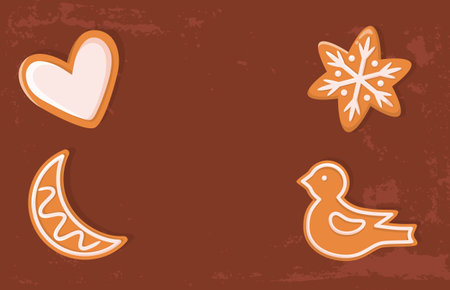 Fresh gingerbread cookies, Merry Christmas holiday. New Year treat for Santa in shape of heart and moon, snowflake and bird. Dessert or snack vectorのイラスト素材