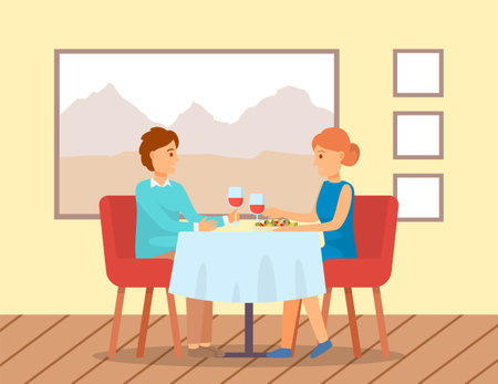 People on a date vector illustration. Arrangement of furniture. Couple spending time together. Characters in relationship are communicating in the restaurant.のイラスト素材