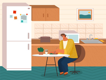 Eating guy at home at kitchen, man sitting alone at table, eat delicious food, stylish interior of modern kitchen with fridge, lunch or dinner for young male, guy at home after work, everyday lifeのイラスト素材
