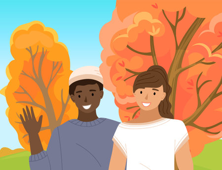 Afro american boy wave his hand. Male character is standing next to the girl. Guy in sweater smiles and raises his hand. Forest with trees on the background. People are walking in the autumn forestのイラスト素材