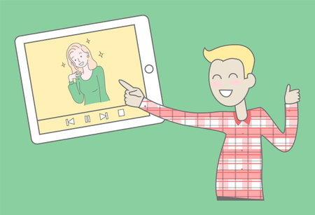 Happy smiling guy looking video at tablet with pretty girl, blogger concept, imitation of idol. Man touching screen of digital device. Cute shining girl, videoclip, vlog, vlogger. Vector charactersのイラスト素材