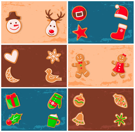 Holly jolly gingerbread man cookie presents set vector. Bird and heart, Santa Claus and snowflake reindeer snowman and mistletoe gift mitten and coneのイラスト素材
