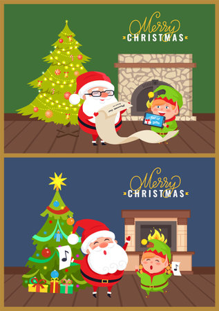 Merry Christmas greeting card Santa and Eve reading long paper and holding tablet. Singing songs near fir-tree decorated toys and burning fireplaceのイラスト素材