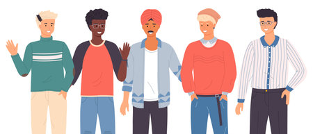 Different races, nationalities guys and men. International people waving hands, gesturing saying hello. Hindu, japanese, african, chinese, norseman. Group of young people. Diverse nations, ethnicityのイラスト素材