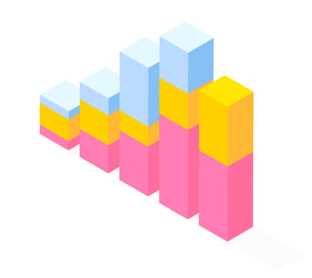 3d growing graphic. Isometric infographics. Financial strategy. Visual presentation. Analysis info business statistic. Digital marketing. Visualization of chart with different sizes columns flat styleのイラスト素材