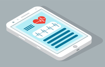 Isometric 3d smartphone with medical app, monitoring diagnosis or test results through internet, online medicine. Cardiogram information, heart beating. Modern device with information. Flat styleのイラスト素材
