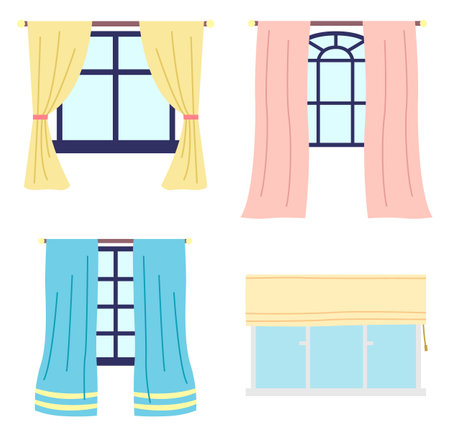 Collection of different wooden frame windows with colorful curtains, roman curtain at plastic window. Element of house or home interior. Home windows view from indoor. Windows icons in flat styleのイラスト素材
