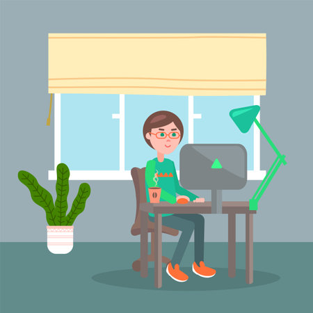 Programmer in eyeglasses with hot coffee on table sitting and using computer. Quarantine distance work. Freelance work at home. Effectively organizing home time. Home office. Young guy working onlineのイラスト素材