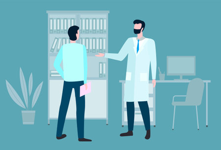Man is communicating at a consultation with doctor. Therapist and patient at hospital appointment. A man in a medical gown stands with a clipboard. Male character telling the doctor about the symptomsのイラスト素材
