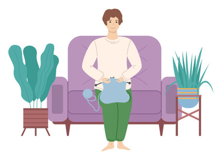 Adult woman knitting hand made blue scarf on white background. Girl working with threads in ball. Female character sitting on sofa with knitting needles in her hands. Person looks at hand-made clothのイラスト素材