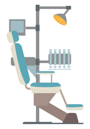 Dental chair with lighting lamp and tools vector illustration. Equipment in clinic for dental treatment. Dentist workplace in hospital isolated on white background. Office interior element for workingのイラスト素材