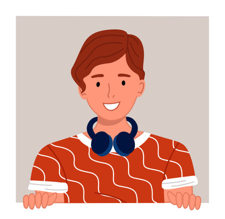 Cute man or young guy cartoon character with headphones worn around the neck. Smiling man character peek out the window, peeping. Music application and sound gadgets. Happy curious looking maleのイラスト素材