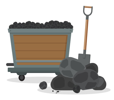 Mine cart with coal and a pile of black stones and a shovel isolated on white background. Vector equipment for work in mine, special wooden box on wheels used for transportation of soil or coalのイラスト素材