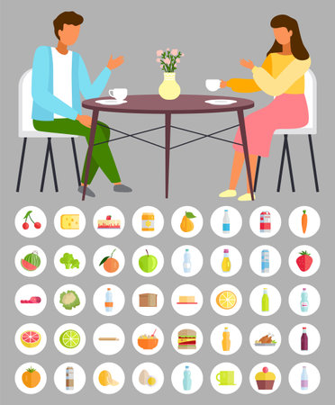 Man and woman sitting at the table with coffee in restaurant. Couple drink tea in the kitchen at home, sitting at a cozy table. Set of products, fruits and vegetables. The theme of cuisine and foodのイラスト素材