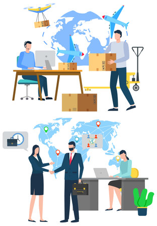 Worldwide delivery, workers handshaking, man and woman teamwork. International business, cardboard box, courier and businessman, globe and commerce vectorのイラスト素材