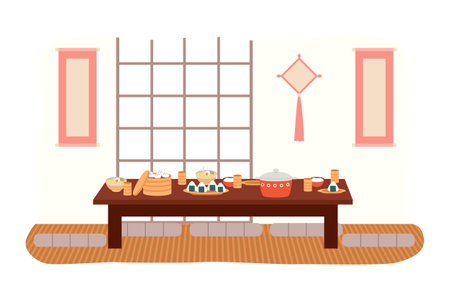 The dining room in oriental style flat vector illustration. Dining table with sushi and manti. Furniture model for the interior of a room with Japanese elements. Arrangement of furniture at homeのイラスト素材