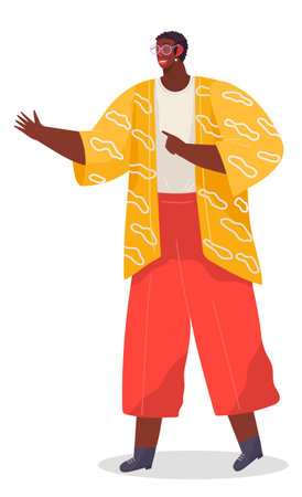 Stylish man, chief, businessman in glasses dressed casual standing at full height points a hand somewhere. Businessperson dark-skinned, male character in yellow spotted jacket office worker or bossのイラスト素材