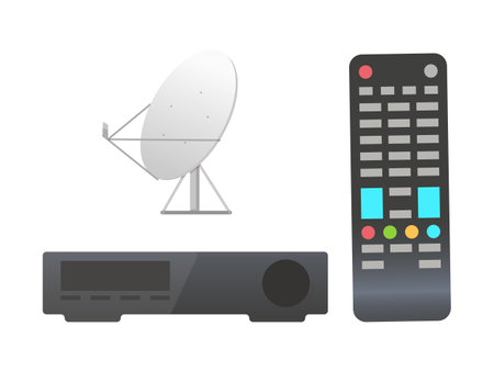 Remote control vector, dvd system and dish with signals antenna searching for connection, application flat style. Object with buttons isolated setのイラスト素材