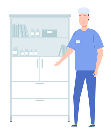 Doctor in a blue coat with a badge points to the medicine cabinet. Therapist works in medical office. Working day and pastime in a medical facility. The male character smiles and raises his handのイラスト素材