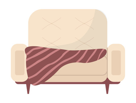 Armchair in retro cream color. Modern soft armchair with upholstery of striped cloth. Living room furniture design concept modern home interior element isolated vector. Soft chair on wooden legsのイラスト素材
