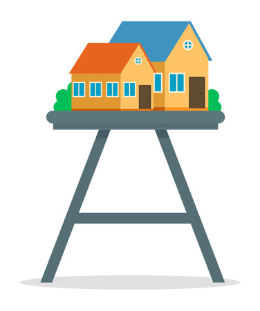 Family house model, architectural layout miniature sample of one-story residential building flat vector illustration. Cozy small house exhibition copy presentation project standing on a low tableのイラスト素材