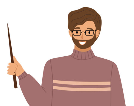 Smiling man teacher conducts a lesson points with a pointer somewhere isolated on white. Bearded businessman dressed in sweater. Businessperson male character in casual clothes office worker employeeのイラスト素材