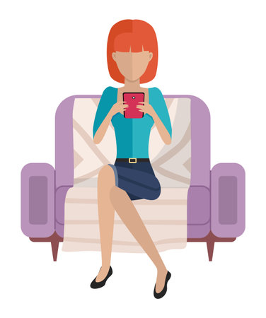 Woman sitting in the armchair. Beautiful girl is chatting with mobile phone in her hands. Female character is resting and spending time at home. Person communicating using a phone vector illustrationのイラスト素材