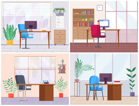 Set of empty office workplace interior design. Business objects, vector elements and equipment. Modern office with furniture laptop on the table, chairs, potted plant. Panoramic window with city viewのイラスト素材