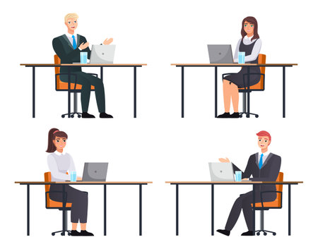 Office staff, work and communication. Head and subordinates. Various workers, managers team. Business employees on their workspace. Office workers. Co-workers. Colleagues discuss project teamworkのイラスト素材