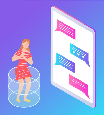 Worried woman chatting with doctor on a smartphone. Upset girl standing and holding her heart in front of huge cartoon screen smartphone with text chat. Heart problems. Online doctor consultationのイラスト素材
