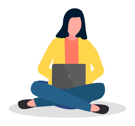 Young teenager girl sitting on floor with gray laptop serfing internet on white background, typing, writing a message. Woman studying with computer vector illustration. Lady freelancer working on pcのイラスト素材