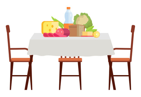 Wooden dining table covered with a table cloth with chairs nearby. Furniture model made of wood for the interior. Arrangement of furniture at home. Table with food isolated on white backgroundのイラスト素材
