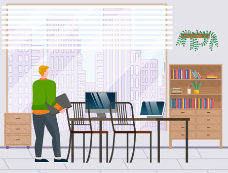 Office worker with laptop in hands standing in office looking in panoramic window with urban city buildings, workplace table with computers, employee at work, workspace, stylish interior designのイラスト素材