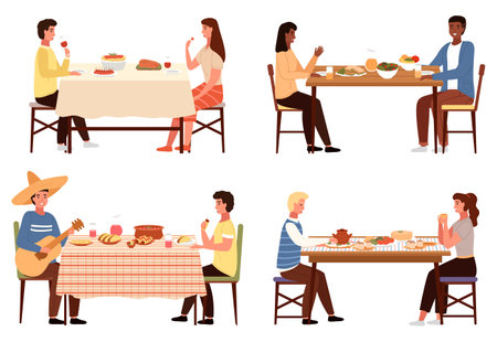 Set of illustrations on the theme of eating national dishes. Meals of world cuisines on the table. Couples in folk costumes socialize during dinner. Ethnic features of cuisines of different nationsのイラスト素材