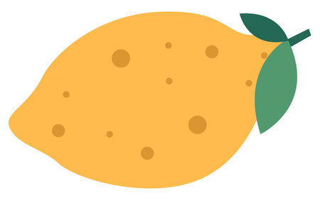 Yellow lemon with a green leaf flat vector illustration. Sour citrus isolated on a white background. Lemon tree fruit with dark speck. Citrus plucked with a twig and leaves, grown in Greeceのイラスト素材