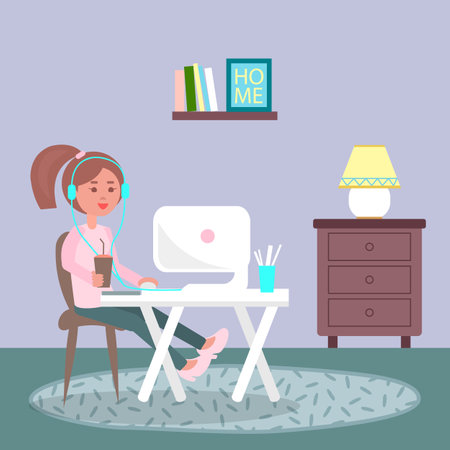 Working at home, young girl with glass of drink in hand, wearing headphones, using computer sitting at table, playing games, freelance work, leisure time, businesswoman or student using internetのイラスト素材