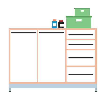 Chest of drawers with medicines isolated on white background. Furniture for a doctor s office. Equipment for design laboratory, clinic, hospital, pharmacy. Shelves for storing boxes and medical toolsのイラスト素材