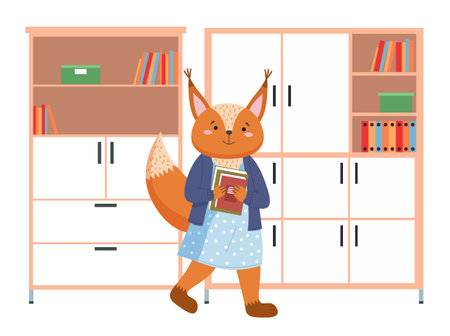 Funny cartoon animal student. A squirrel schoollgirl in uniform standing with a books in her hands. Back to school concept. Active pupil looks at the textbook and does her homework in the classのイラスト素材