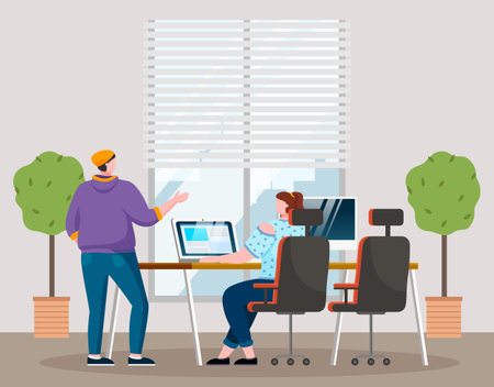 Businesswomen dressed in casual clothes sitting at the table with computer, standing in room and talking. Office meeting and consideration of working affairs. Office workers women in workspaceのイラスト素材
