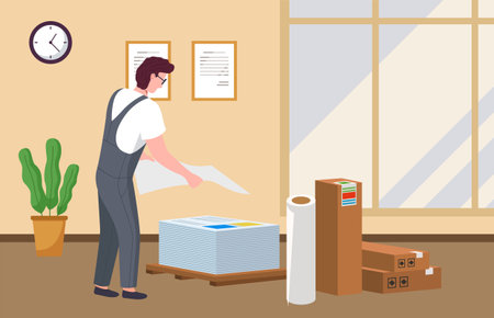 Male worker in a printing studio near boxes and rolls. Man in uniform holds a stack of large sheets of paper. Employee of a printing house at work prepares paper for a printing machine or plotterのイラスト素材