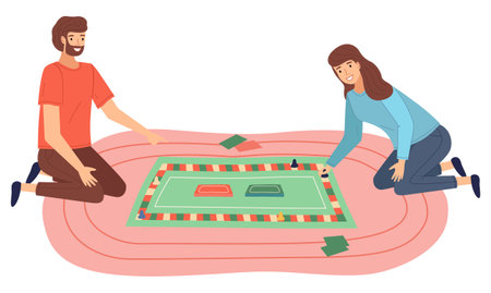 Playing game with cards, playing chips, monopoly game concept, woman and man spend interesting time, logic, training brain, leisure, hobby, recreation, fun time, isolated cartoon flat illustrationのイラスト素材