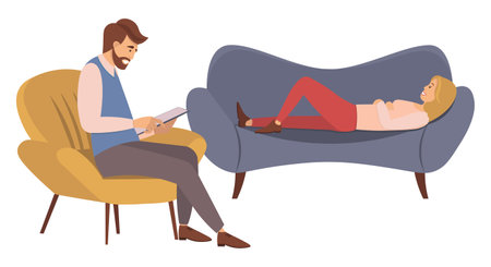At the reception of a psychotherapist. A woman is lying on a couch in a psychologist s office male psychiatrist sits opposite and takes notes, helps to solve personal problems and overcome fearsのイラスト素材