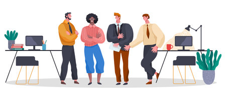 Business meeting, communicating colleagues, mix race men, standing businesspeople, partners discuss new project or startup with each other, businessman teamwork, executive office workers conversationのイラスト素材