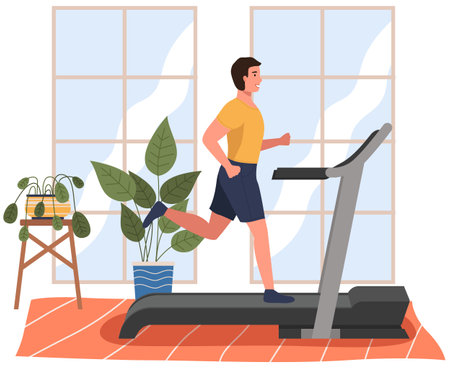 A sporty man is engaged in a hall on the treadmill. Running, playing sports at home. Cardio workout. Exercising in the gym in the morning. Running and cardio indoors. Healthy lifestyle conceptのイラスト素材