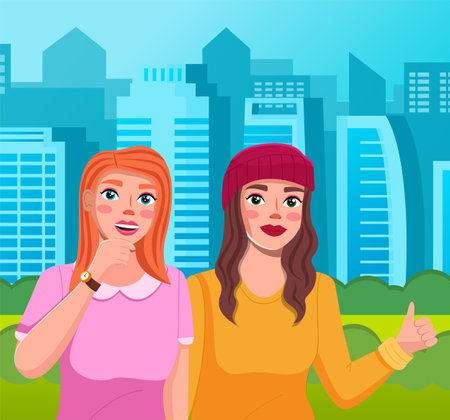 Two smiling girls stand together against the backdrop of the urban landscape with tall buildings. Cute girlfriends flat character portrait vector in city park. Female friends outdoor sunny dayのイラスト素材