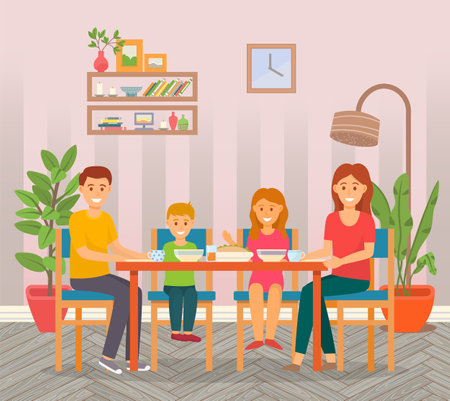 Happy family dining at home. Family members smiling mother, father, son and daughter sitting together at the table and eating dinner in living room interior. Parents spend time with childrenのイラスト素材