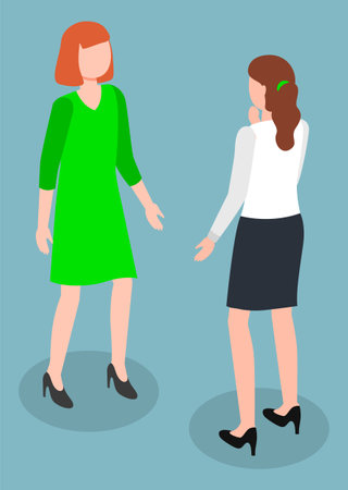 Woman in formal style clothes with arms in different positions standing on gray background. The girls met and emotionally talk. Female characters businesswoman, girlfriends vector illustrationのイラスト素材