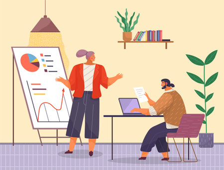 Business meeting or working process. Man sitting in office at a table with laptop, woman explains statistical charts. Project management and teamwork concept. Businessman make a financial reportのイラスト素材